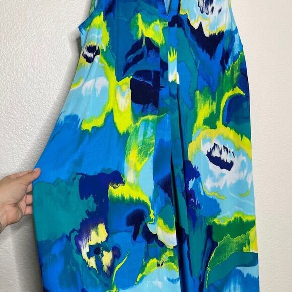 Natori MuuMuu Dress Medium Blue Tropical Maxi Long Double Slit Sleeveless Caftan - Picture 4 of 8